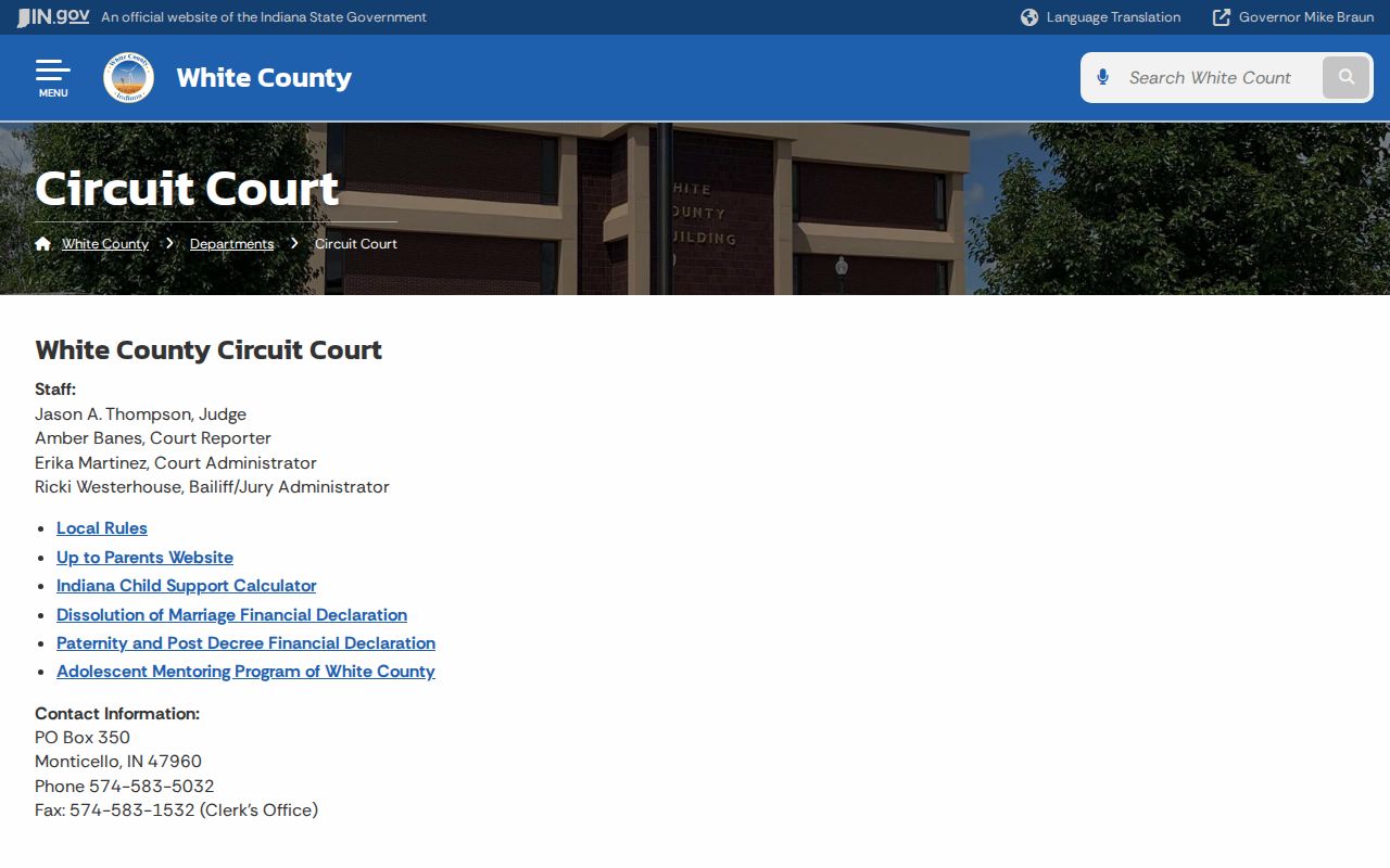 White Circuit Court contact information for docket questions